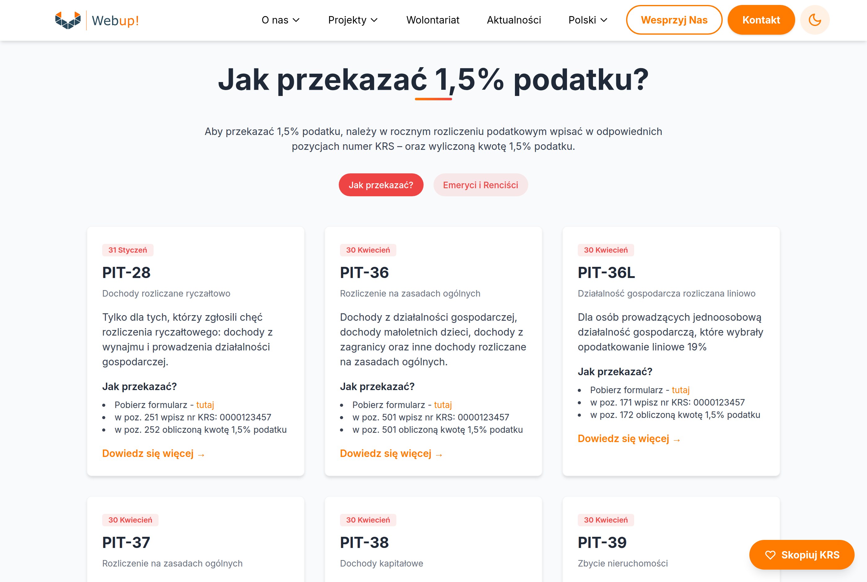 Zakładka 1,5% podatku — KRS, status OPP, konto do wpłat